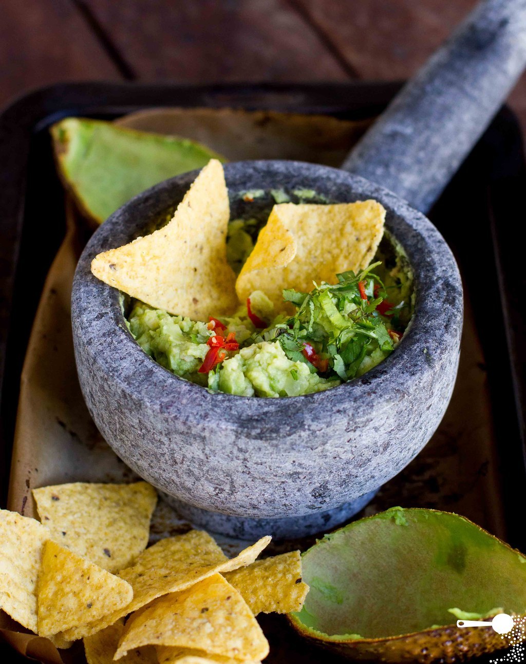 Avocado + red long chilli + coriander + cocktail onions + lime juice. Get the recipe here.