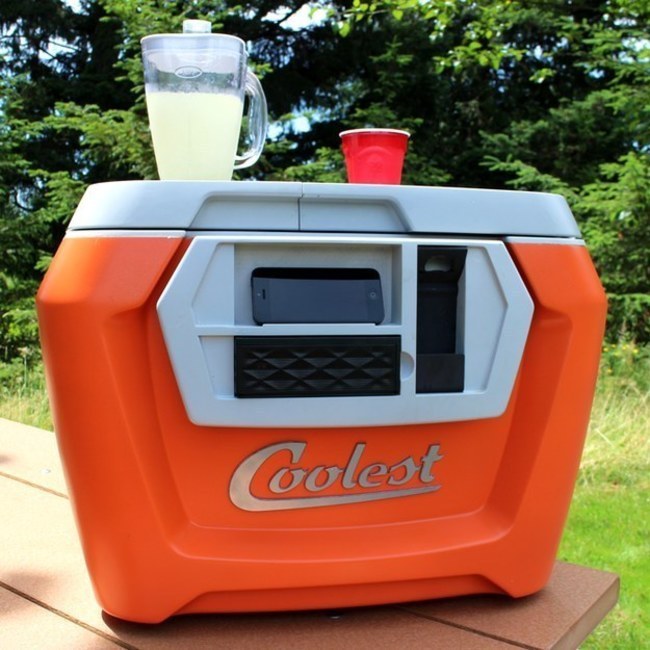 $185.00A cooler complete with bottle opener, blender and smart phone charger.