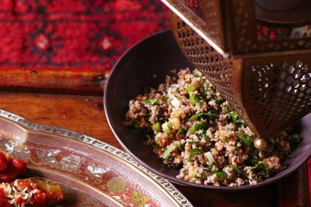 This vegetarian, Syrian tabbouleh-like dish is best when made in advance so that the flavors can blend and mellow out from the original sharpness. It's a sweet and savory bulgur salad, usually made with pomegranate molasses, walnuts, and lots of spices. Make it Saturday morning, serve it for lunch a few hours later. Recipe here.
