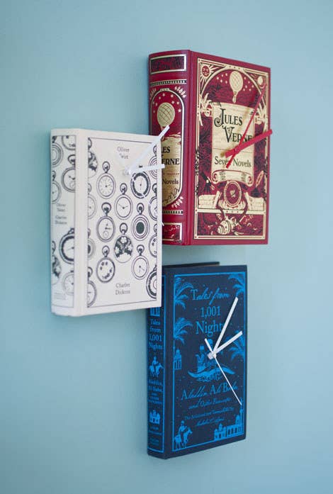 If it doesn't make you cringe, turn your favorite book (an extra copy, perhaps) into a wall clock for your reading nook. View the tutorial.