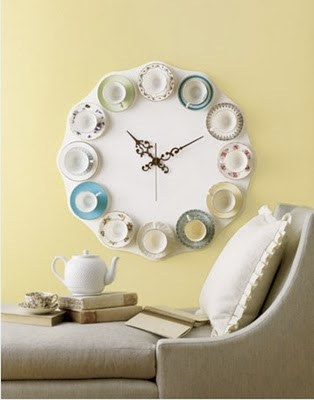 Repurpose old teacups by drilling twelve of them into a wood base. Paint and add your clock kit. View the tutorial.