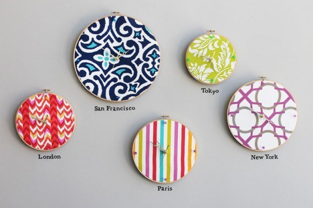 Create a crafty clock (or five) using embroidery hoops and the fabric of your choice. View the tutorial.
