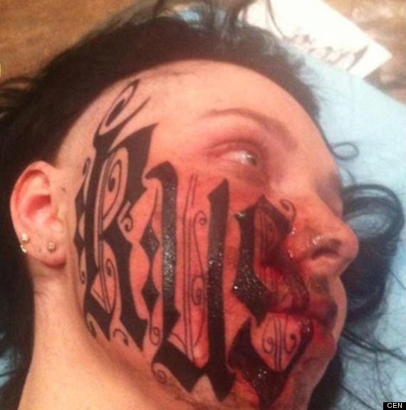 How can we forget her story? After meeting the artist of this atrocity less than 24 hours earlier, this young, beautiful woman decided to let him tattoo his name across her face. Wut.