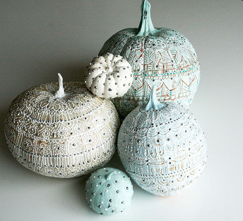 Puffy paint isn't just for kids. Use it to create a gorgeous and intricate bejeweled effect for your pumpkins. Follow Alisa Burke's instructions for pretty pumpkins that look like they're beaded.