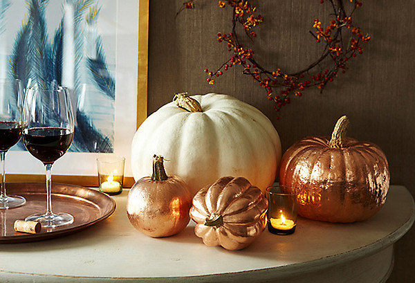 No one will believe these pumpkins are real. You can use copper leaf to dress up plain old pumpkins and turn them into classy accent pieces. Pro-tip - you can use gold leaf, too.