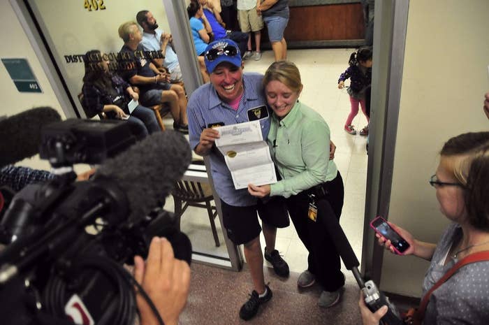 Although same-sex couples began getting marriage licenses in Oklahoma City, Oklahoma on Monday, October 6, 2014, couples in Nevada are still on hold, following a temporary stay being issued by Supreme Court Justice Anthony Kennedy on Wednesday morning, October 8, 2014.