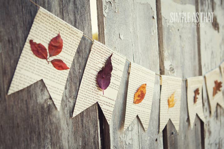 Old book leaves and autumn leaves. All you'll need to buy for this beautiful bunting is twine.
