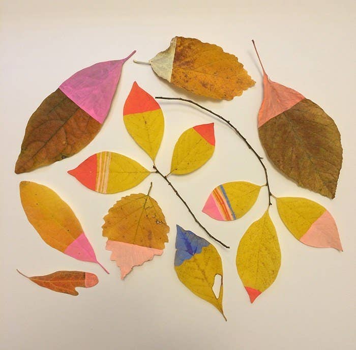 The minimalist effect created here with just paint and leaves is striking.