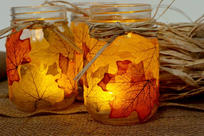 Apply real or faux leaves to the outside of an empty Mason jar, then add a candle and marvel at the stained glass look.