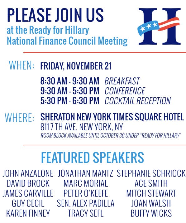 The invitation for this year's Ready for Hillary National Finance Council meeting