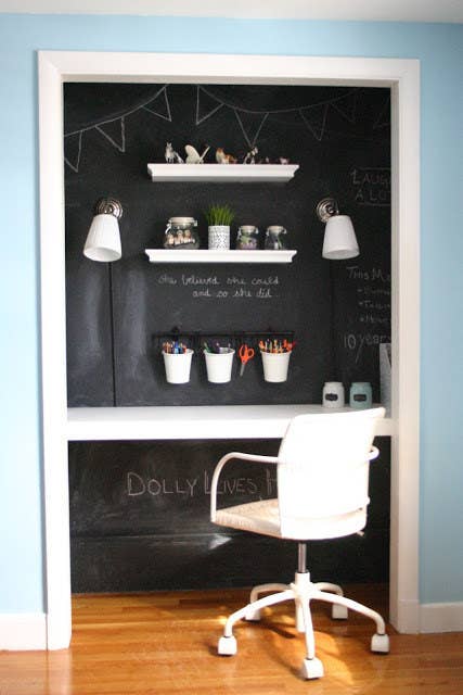 Apply a coat of chalkboard paint to closet walls for a distration-free space. If your child needs help with their homework, use some chalk to work out the problem. Get the tutorial here.