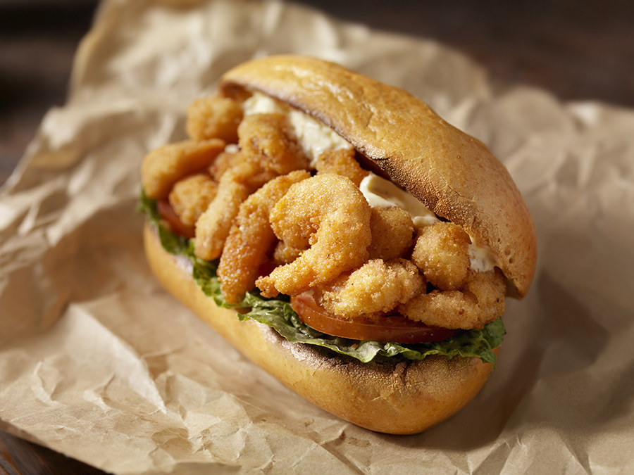 The Po' Boy or Poor Boy is native to New Orleans. The fillings vary, ranging from fried oysters, shrimp, fish, soft-shelled crabs, crawfish, roast beef and gravy, roast pork, meatballs, smoked sausage and more.