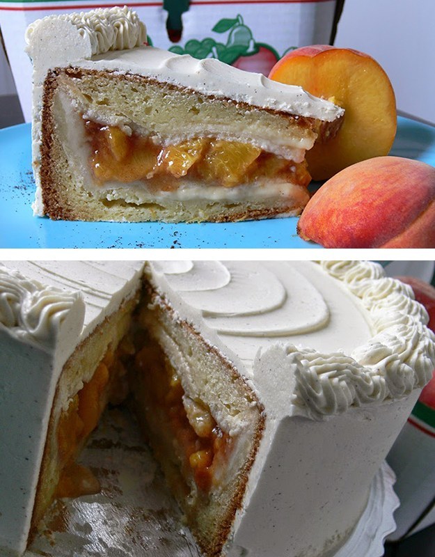 Fresh peach pie inside a vanilla cake. Recipe here.