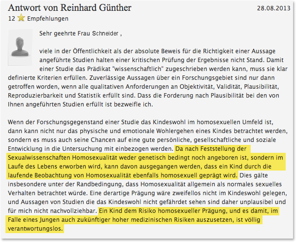 Der 2013er Bundestagswahlkandidat Reinhard Günther in einer Antwort auf abgeordnetenwatch.de: