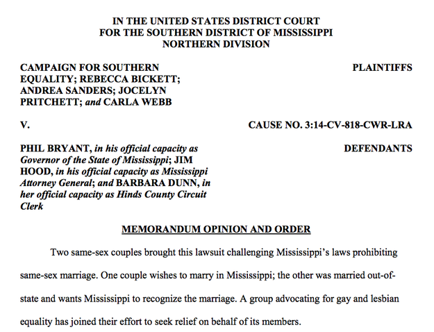 Mississippis Same Sex Marriage Ban Is Unconstitutional Federal Judge 5378