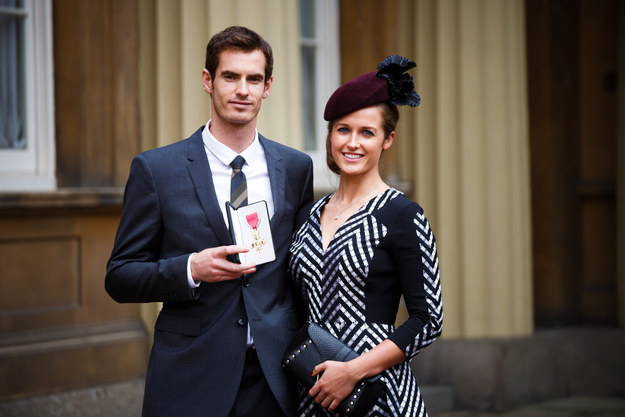 Wimbledon champion Andy Murray and his girlfriend Kim Sears pose at Buckingham Palace.