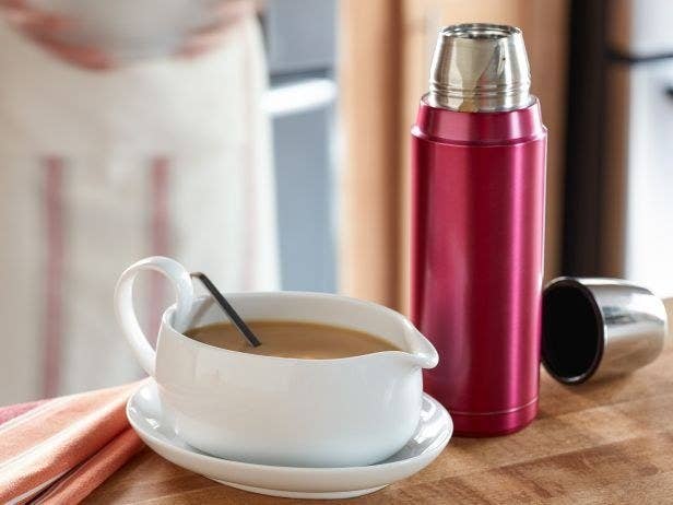 Another great tip from foodnetwork.com: Once you've finished making your gravy, just pour it into a thermos or two (this one made by Zojirushi keeps things so hot for so long it's actually kind of scary) and pour it into a gravy boat once the rest of the meal is on the table.