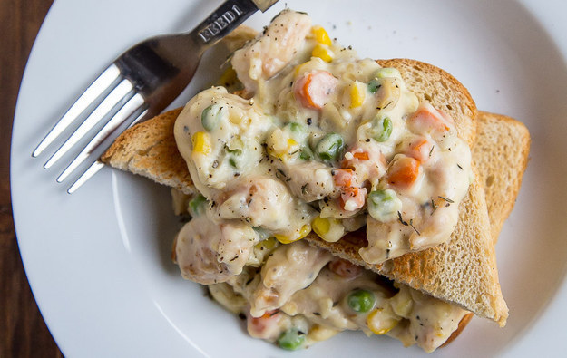 You can skip the crust on a chicken pot pie and just serve the good part on toast.