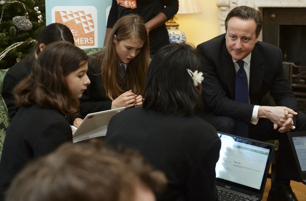 Prime minister David Cameron joins students for "An Hour of Coding" at 10 Downing Street in London, 8 December 2014.