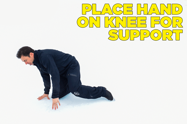 MW: Get up on one knee and then the other, keeping your hands on your knees to assist in pushing up to the standing position.