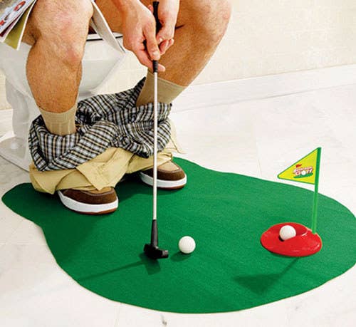 You know those times you're taking a wicked dump and you get the urge to play some mini-golf? Well, this is the product for you. Not only does it come with a half-moon putting green, but you also get a 'do not disturb' sign explaining to any would-be knockers that you're engaged in a serious round of putting while emptying your bowels.