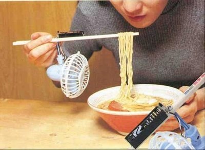 You know those times you're so lazy you can't even exhale a goddamn breath of air? Well, this is the product for you. Chopsticks with motors and a fan installed so that as you pick up food it will blow on it. This is a particularly useful invention for amoeba that don't have lungs and thus need tools to eat hot food.