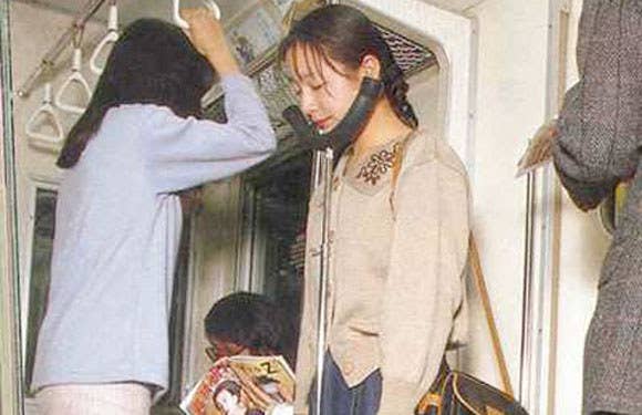 This one actually exists - like, it's a thing a company actively marketed thinking it would take off. That actually happened. This chinrest appeared in Japan for people unlucky enough not to snag a seat, and though most people would complain that their feet or back would start to hurt after a while, apparently for a very small minority, they don't have the muscle capacity to hold their skulls atop their neck. How these people made it out of the womb, I'm not entirely sure.