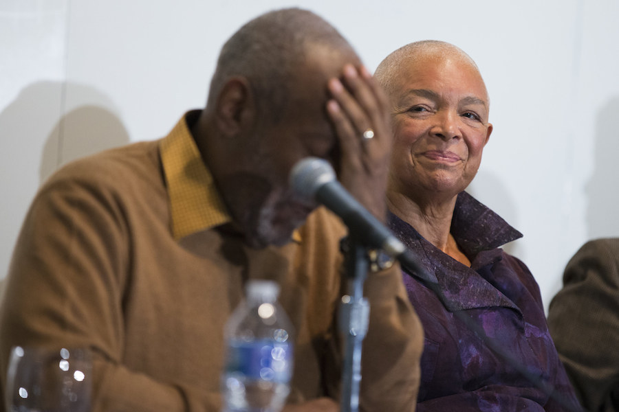 Camille Cosby, right, looks on as her husband speaks during a news conference in November.