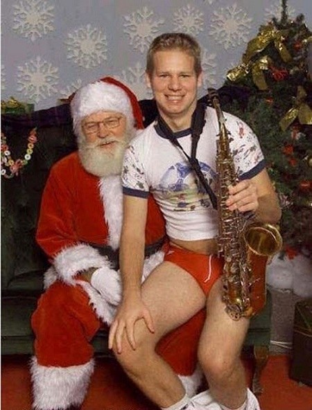 The holidays have clearly taken a toll on your son... somebody come get him before mall security does.