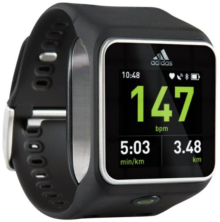 The Adidas Smart Run miCoach does the work of a few different devices. It allows the wearer to: access training plans created by elite coaches, track all run-related data, listen to music, and enjoy the comfort of a strapless heart-rate monitor, all in a single wrist-worn device. ($353.47)