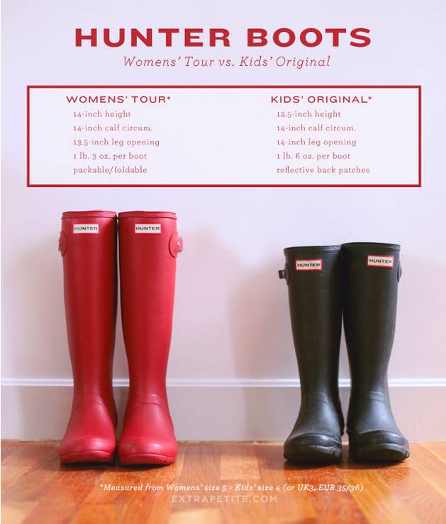 In this case, both pairs have the exact same measurements around the top — the kids&#x27; size just isn&#x27;t as tall. But if you&#x27;re shorter, this actually means a more proportionate fit. The boots will hit your calves, rather than right below (or at) your knee. More comparison info here.