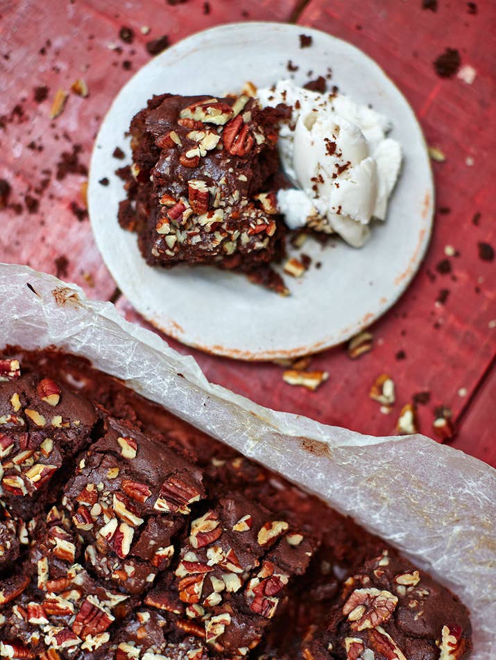 Round off the meal with some indulgent brownies. Jamie says: "Gooey, nutty and seriously chocolaty, these vegan brownies are a total joy to eat. Chocolate over 70% is usually dairy-free, so it’s great for making vegan brownies dark, decadent, and delicious."Get the recipe here.