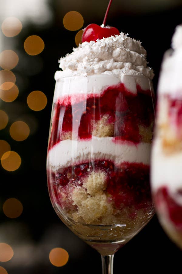 Raspberry and orange liqueurs + pound cake + raspberries + cream = a New Year&#x27;s party in a glass. Get the recipe.