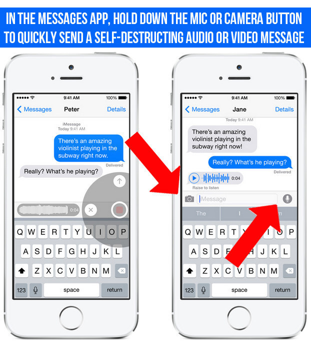 You can now take and send audio and video that self-destruct in two minutes via iMessage by holding down the camera or microphone icons.