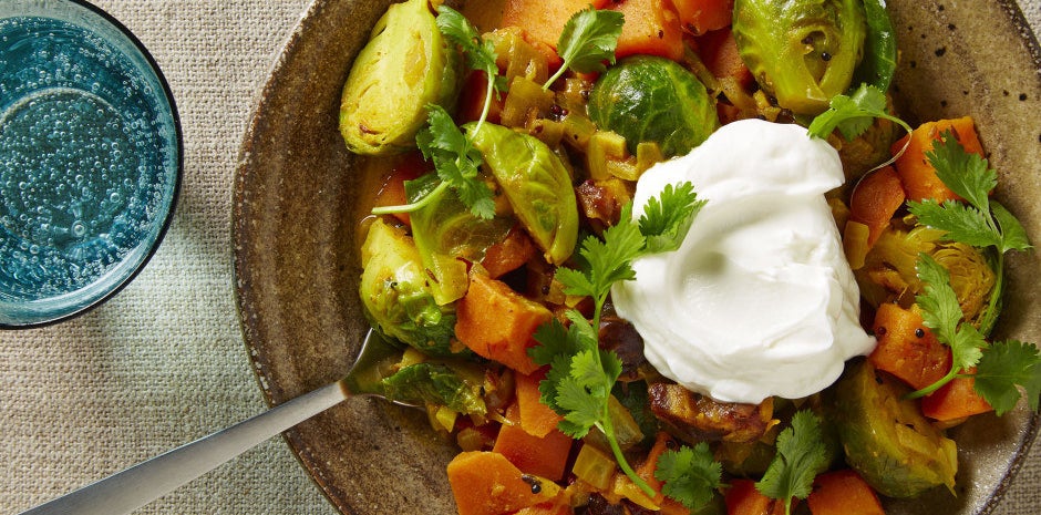 Dinner: Curried Brussels Sprouts, Chickpeas, and Sweet Potatoes