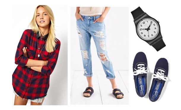 Shirt in Brushed Check with PU Collar, $47.38, ASOSSlim Boyfriend Jean, $79.00, Urban OutfittersSwatch Watch, $50, Macy'sChampion Originals, $45.00, Keds