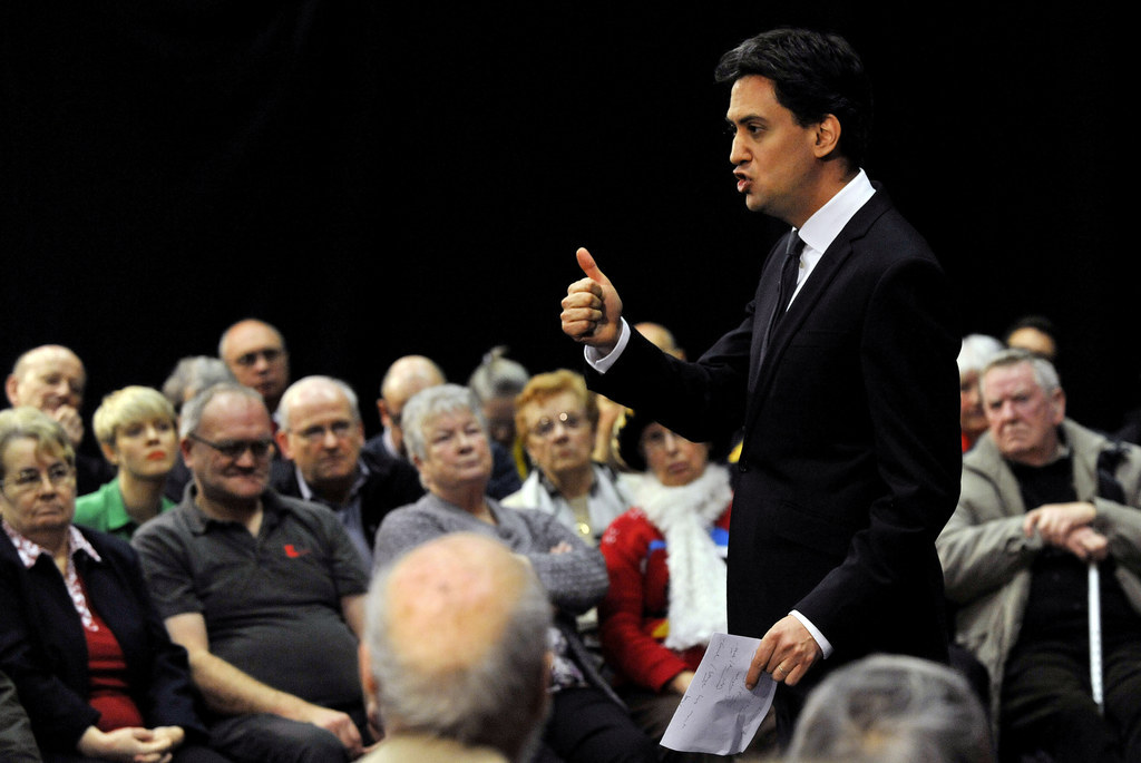 Labour leader Ed Miliband during a question and answer session at Stevenage Arts and Leisure Centre.