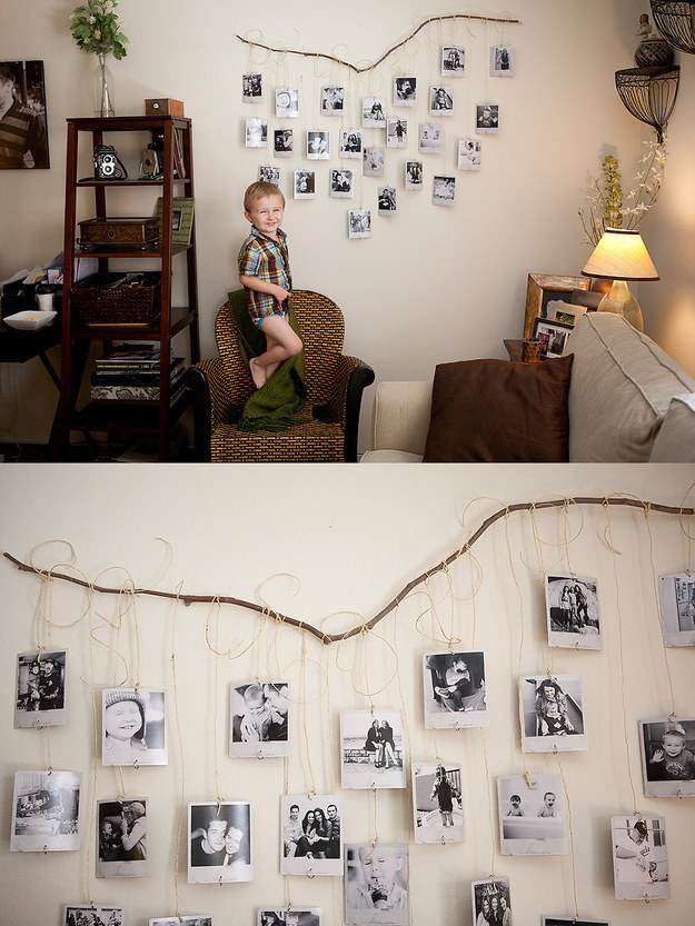 Add a little rustic charm by dangling polaroids from a fallen branch.