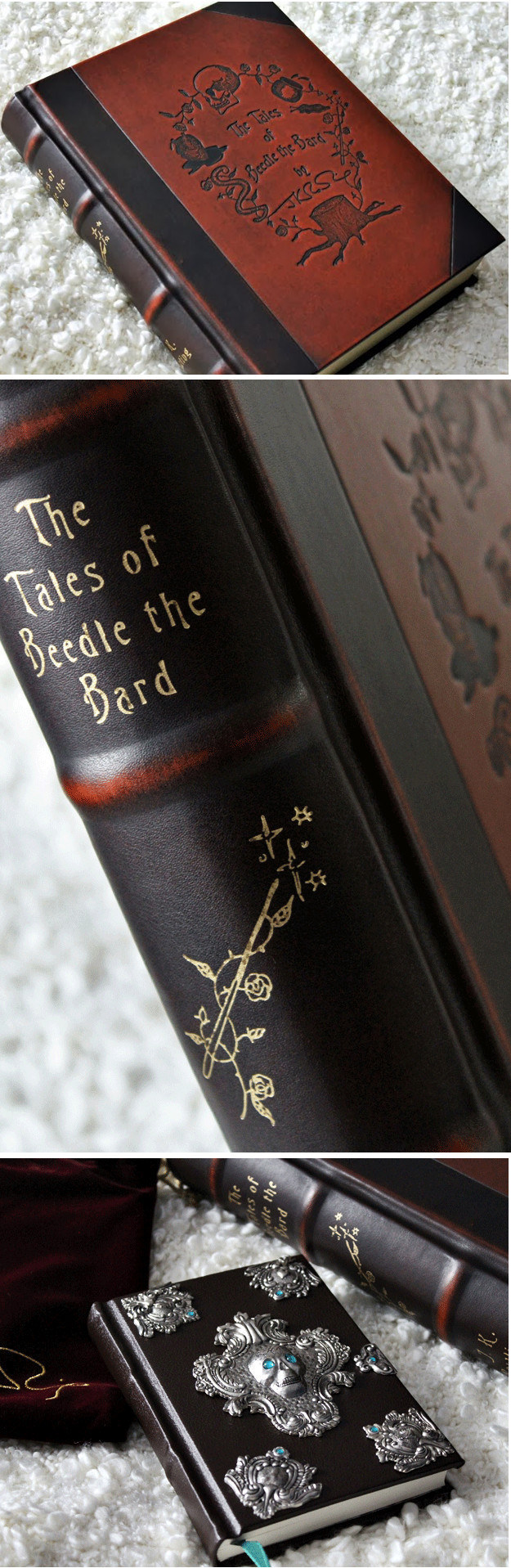 The Tales of Beedle the Bard, Collector's Edition, $243.44 - Outer case disguised as a wizarding textbook from the Hogwarts library. - 10 ready-for-framing prints of J.K. Rowling's illustrations- Exclusive reproduction of J.K. Rowling's handwritten introduction- 10 new illustrations by J.K. Rowling not included in the Standard Edition or the original handcrafted edition- Velvet pouch for book embroidered with J.K. Rowling's signature