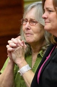]Susan Mellen, left, sits with her attorney Deirdre O&#x27;Connor, as she is exonerated of murder in Torrance, Calif. in October 2014. Mellen spent 17 years in prison after being convicted of murder in the death of a homeless man in 1997.