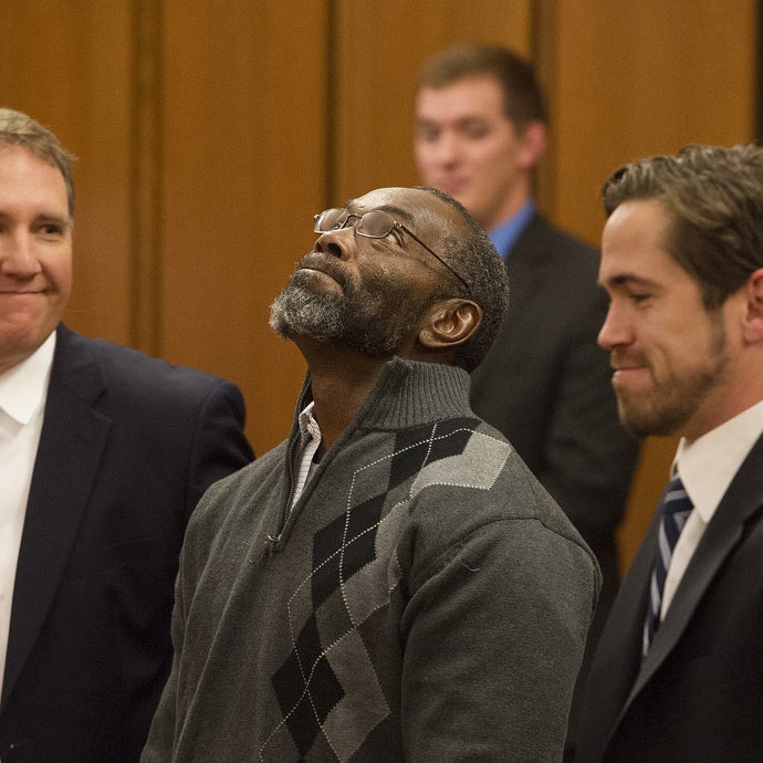 Ricky Jackson, 57, looks up after being released from his life sentence for a 1975 murder on Nov. 20, 2014 in Cleveland.