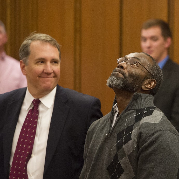 Ricky Jackson, 57, looks up after being released from his life sentence for a 1975 murder on Nov. 20, 2014 in Cleveland.