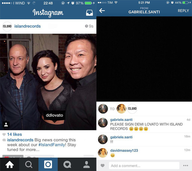 According to fans, the image on the left is a screenshot of a teasing announcement made by the official Island Records' Instagram account. Allegedly uploaded for a brief time before being taken down, the post features a picture of Lovato posing with Island executives David Massey and Eric Wong as well as the caption “Big news coming this week about our #IslandFamily! Stay tuned for more." It circulated on Twitter along with the screenshot on the right, which is supposed to be proof of an Instagram conversation between a fan and Island Records president David Massey. Together, the images sparked rumors that Lovato is leaving Hollywood Records to sign with Island.