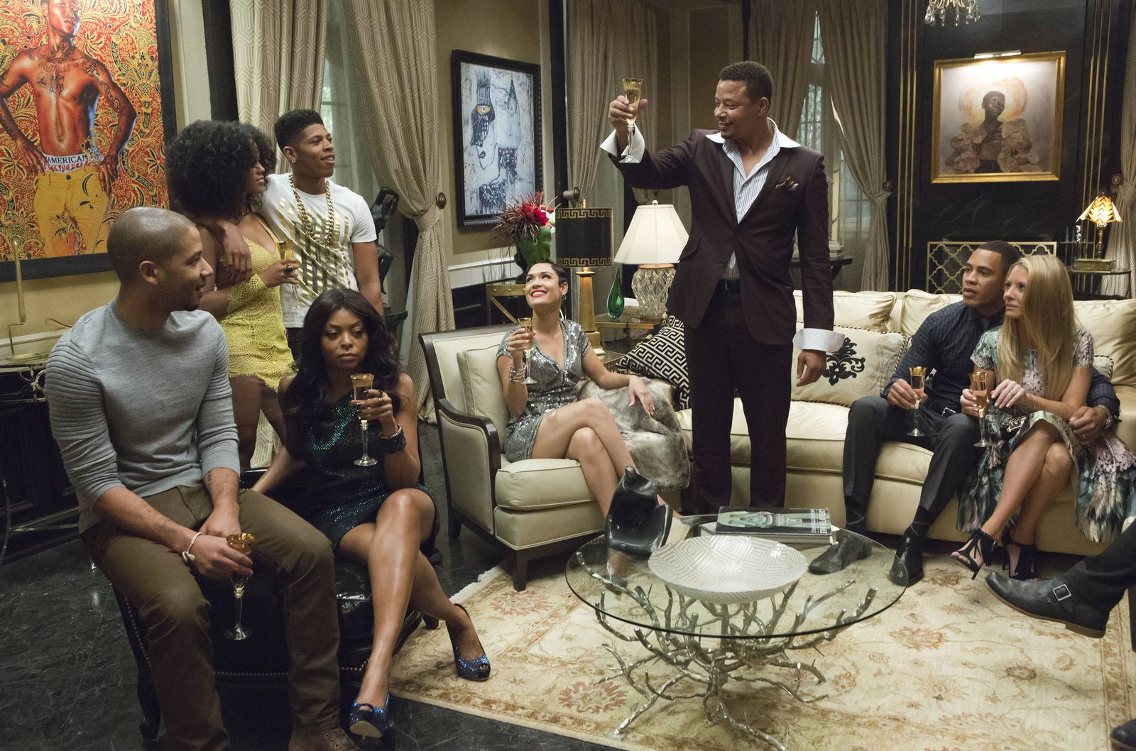 From left: Jamal Lyon (Jussie Smollett), Tiana Brown (Serayah), Hakeem Lyon (Bryshere Gray), Cookie Lyon (Taraji P. Henson), Anika Calhoun (Grace Gealey), Lucious Lyon (Terrence Howard), Andre Lyon (Trai Byers), and Rhonda Lyon (Kaitlin Doubleday) on Fox&#x27;s Empire