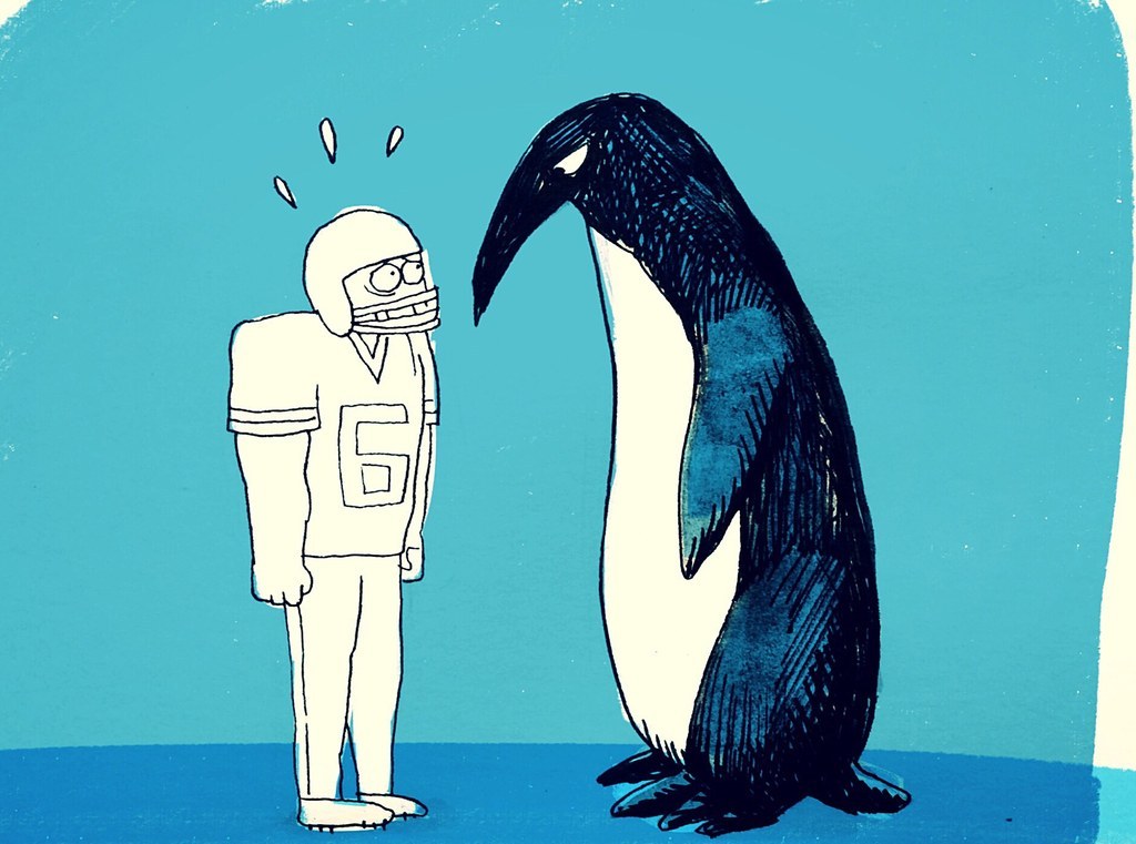graphic of a large penguin standing tall over a human
