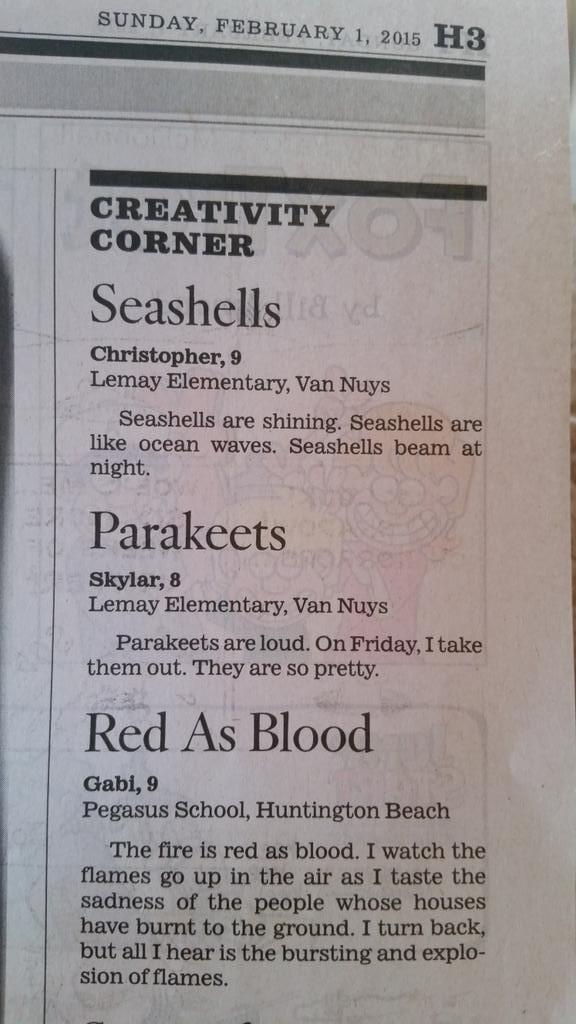 "Parakeets are loud. On Friday, I take them out. They are so pretty."