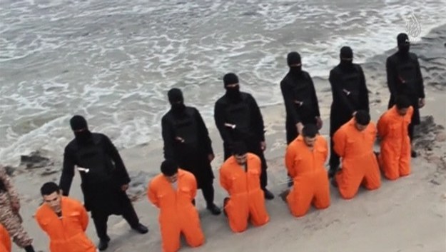 A still from the video released by ISIS Sunday, showing the Egyptian Christians killed by the group in Libya.