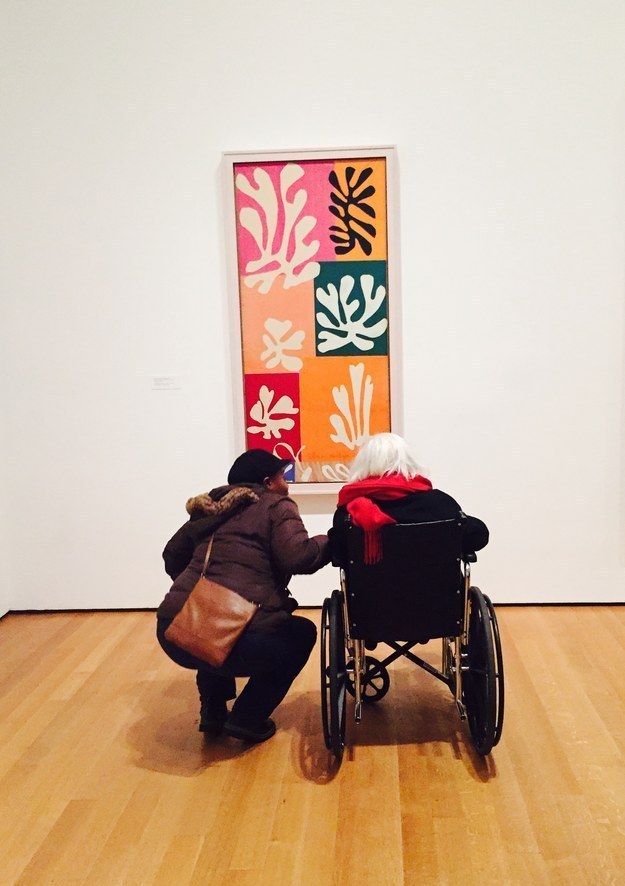 As I watched the young woman bend down to the elderly woman's wheelchair, I contemplated approaching them and asking their story-Why were they here? How did they know each other? What did this Exhibit mean to them? But then, as I attempted to answer each of these questions myself, I realized that this was the hope that Matisse wanted each of us to see. He was provoking us to ask questions and draw our own conclusions on his "paintings with scissors". What were these shapes? Why the colors? How did he decide on the placement? These were all questions that had answers, but answers that only had meaning to me. I decided not to approach the duo, as I had already written a beautiful story for the two of them in my own mind, a story that only I will know, but a story I will never forget.