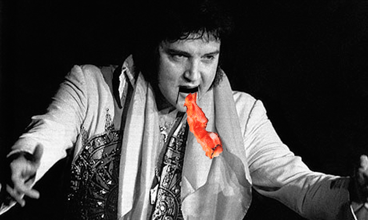 All these peanut butter, banana, and bacon sandwiches really didn't help his natural tendency to be obese and suffer from heart problems...*Assuming Elvis is dead, that is.