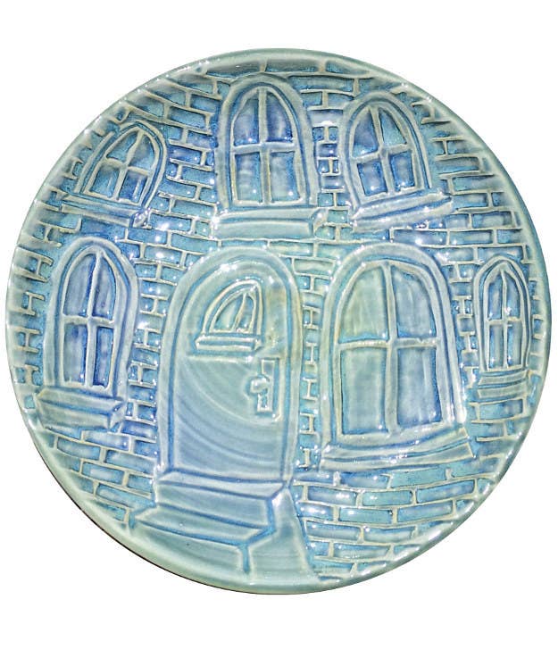 Hand-Carved Ceramic Porcelain Platter with Whimsical Brick Building Design, $90.00